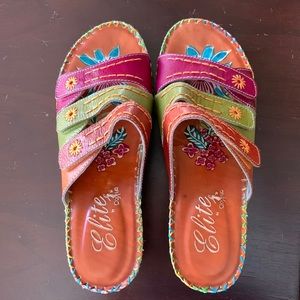Elite by Corkys. Magenta, olive, brown wedge comfort sandal. Like new!! 9/9.5/10